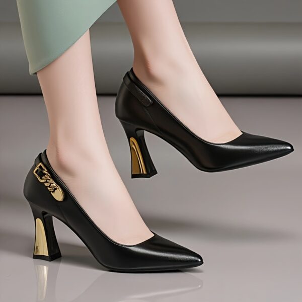 Women'S Fashionable Black Pumps with Golden Heels - Pointed Toe, Comfortable All-Season Dress Shoes, Pointed Toe Pumps | Stylish Women'S Footwear | Durable Rubber Sole, High Heel Pumps - Image 3