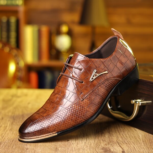 Men's Formal Dress Shoes - Brown Crocodile Pattern Lace-Up Oxfords with Golden Accents, Black Rubber Sole, Perfect for Business, Party, or Streetwear, Formal Shoes