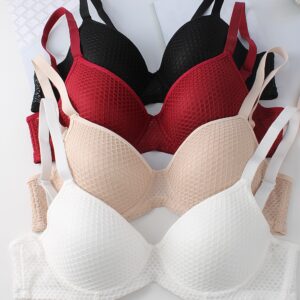 4pcs Women'S Minimalist Mesh Bralette Set - High Support, Push-Up Style, Non-Removable Padding, Underwire for Mature Women, Beige, Red, Black, White, Adult Fashion Bra | Minimalist Design | Comfortable Fit