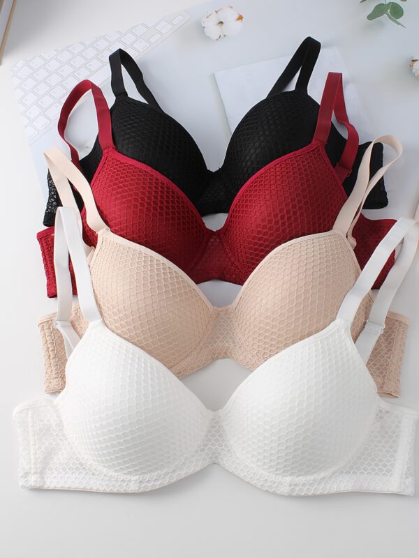 4pcs Women'S Minimalist Mesh Bralette Set - High Support, Push-Up Style, Non-Removable Padding, Underwire for Mature Women, Beige, Red, Black, White, Adult Fashion Bra | Minimalist Design | Comfortable Fit
