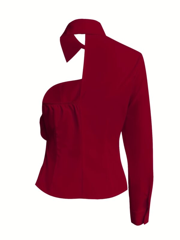 Elegant Women's Blouse with Ruffled Neckline & 3/4 Sleeves - Lightweight Pink Solid Color Shirt for Spring/Summer, Hand Wash Only, Non-Stretch Fabric, Versatile Casual to Formal Wear, Spring Fashion Top, Offshoulder Styling - Image 25