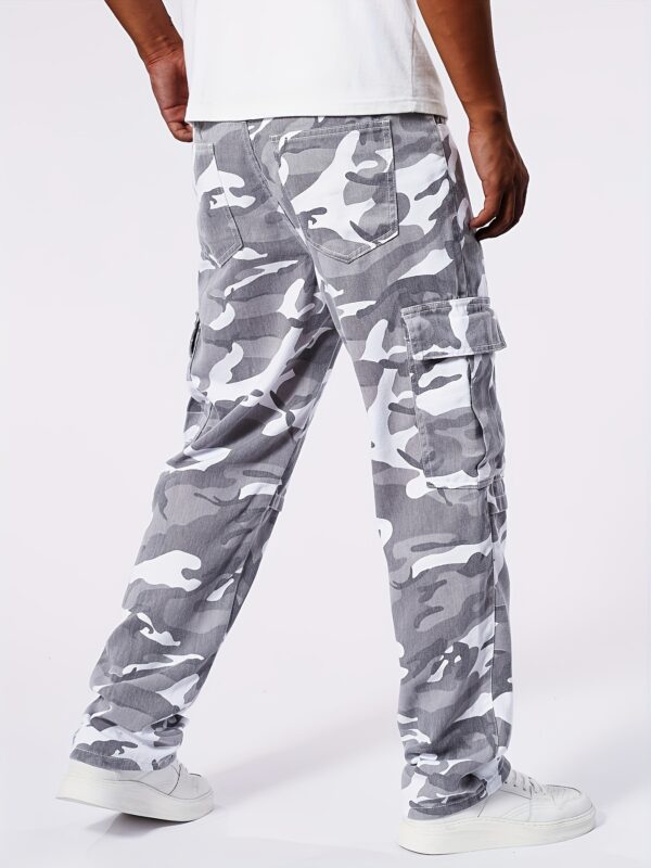 Men'S Casual Denim Cargo Pants, 100% Cotton, All-Season Regular Fit, Non-Stretch Washed Fabric, 360g/m², Solid Color Camouflage Design, Woven Regular Length Trousers - Image 3