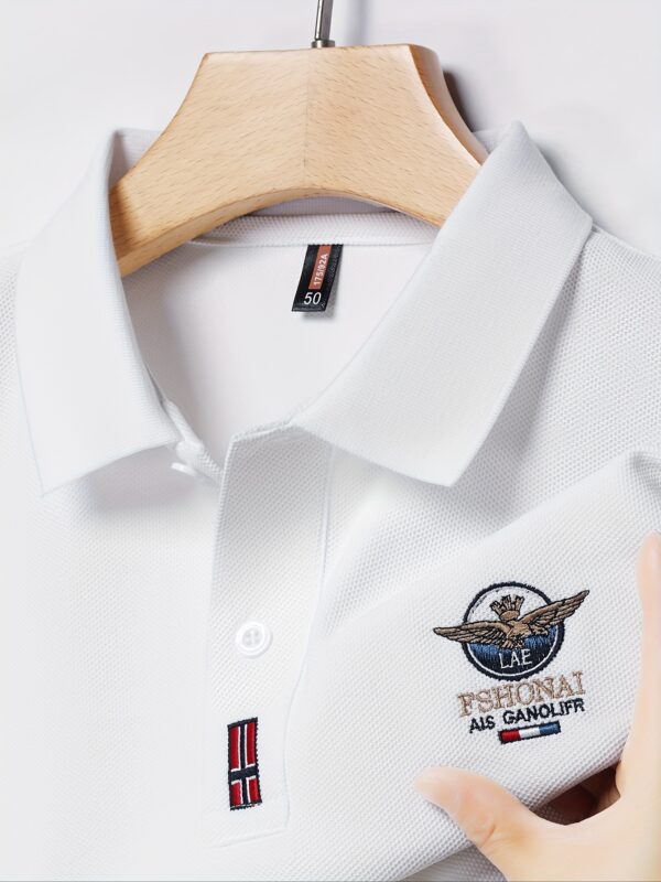 Men'S Casual Summer Short Sleeve Polo Shirt with Embroidered "LAE FSHONAI" Logo, Red & White Striped Patch, Lightweight & Breathable for Everyday Wear, Casual Attire|Embroidered Logo Shirt|Slight Stretch Fabric - Image 2