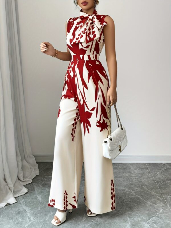 Women'S Elegant Floral Print Jumpsuit - High Neck, Sleeveless, Wide-Leg, Polyester, All-Season, Stylish Red and White Design, Elegant Attire|Floral Print Jumpsuit|Polyester Fabric - Image 5