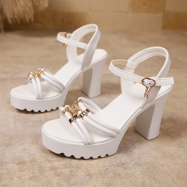 Women's Chunky Platform High Heel Sandals - Elegant Open-Toe Summer Shoes with Ankle Strap, Synthetic Cover Upper & PU Sole, White Versatile Dressy Casual Footwear, Chunky Heel Sandals, Formal Casual Wear, Crisscross Ankle Straps, Durable Pu Sole - Image 10