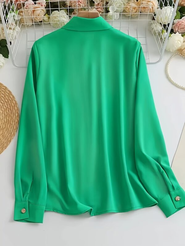 Women's Elegant Solid Color Lapel Long Sleeve Shirt - Classic Button-Up Blouse with Structured Shoulders, Machine Washable Non-See-Through Fabric for Spring Summer Fall, Versatile Office & Casual Wear, Ladies Blouses - Image 2