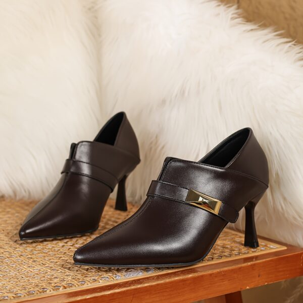 1 Pair Elegant Solid Color Ankle Boot Dress Shoes for Women - Spring 2024 Collection, Pointed Toe Slip-On High Heel Stiletto Pumps with Metal Accent, All-Season Dress Footwear - Image 9