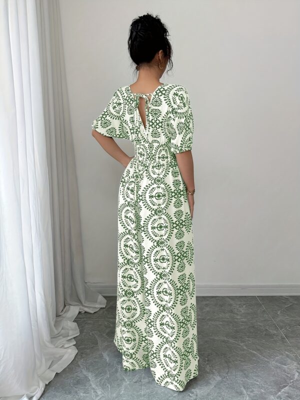 Women'S Bohemian Print V-Neck Jumpsuit with Tie Waist & Wide Legs - White & Brown Geometric Pattern, Short Sleeve, All-Season Vacation Style, Perfect for Casual or Stylish Outfits, Bohemian Dress - Image 10