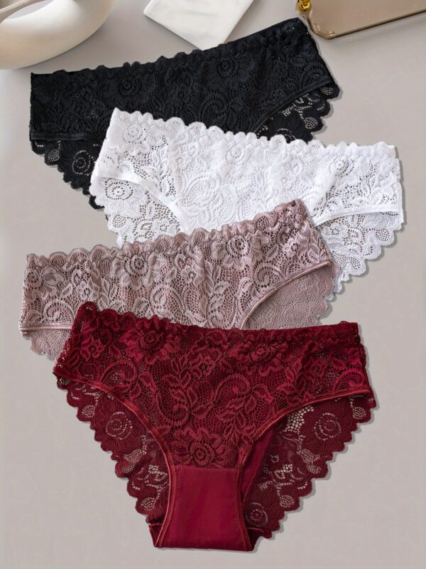 4pcs Women'S Sexy Jacquard Lace Panties - Breathable & Comfortable Mid-Rise Briefs with Floral Pattern, Lace Trim, And Zipper Detail (Pink, Blue, White, Black), Comfortable Underwear | Floral Jacquard Design | Delicate Lace Fabri - Image 5