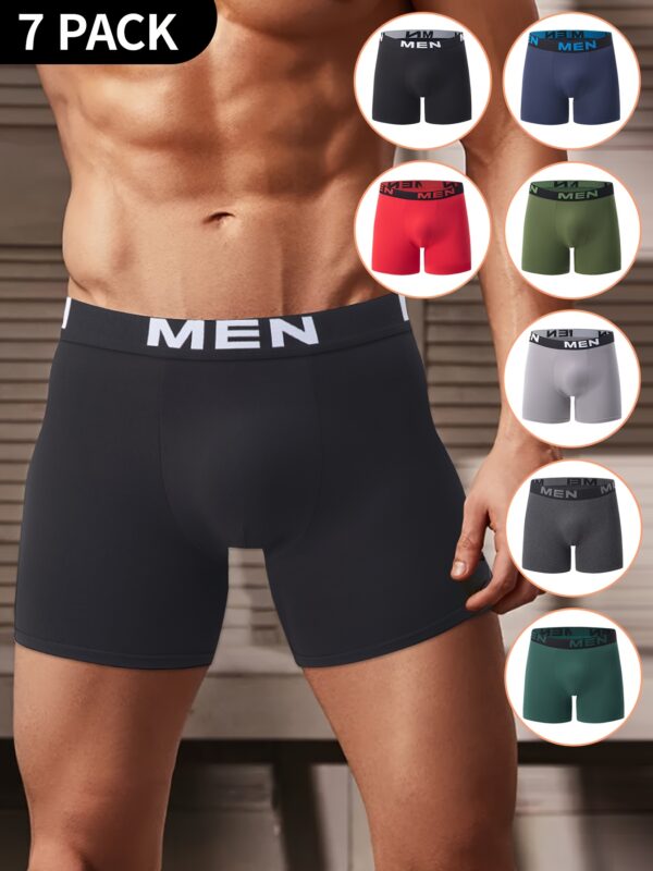 7pcs Men's Solid Color Boxer Briefs - Breathable, Comfort Fit Underwear with Stretch Waistband (Black, Red, Green, White, Dark Blue, Light Blue), Daily Wear Underwear | Stretch Waistband Boxers | Smooth Texture Fabric