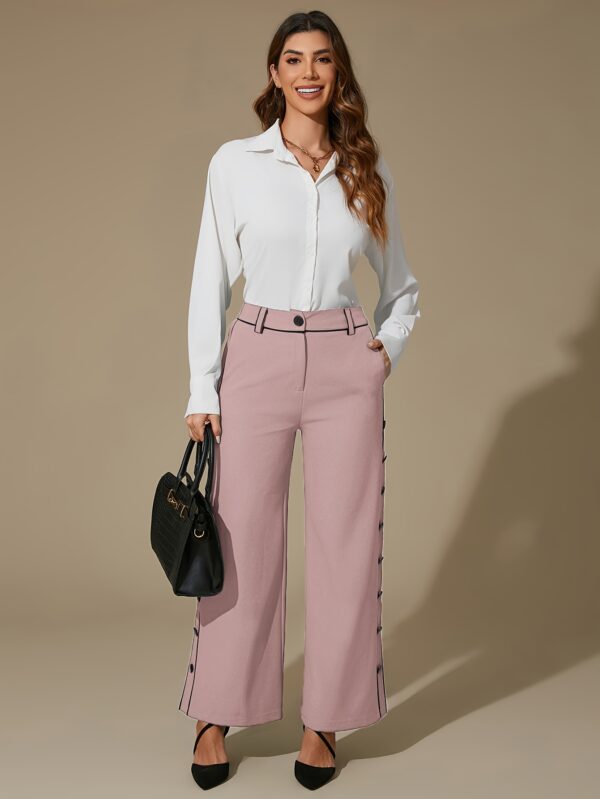 DIQIUVY Women'S Elegant All-Season Solid Color Wide Leg Pants, Polyester 95% Elastane 5% Blend, Regular Fit with Side Slit and Button Detail, Mature Zipper Fly Long Trousers for Office Wear - Image 5
