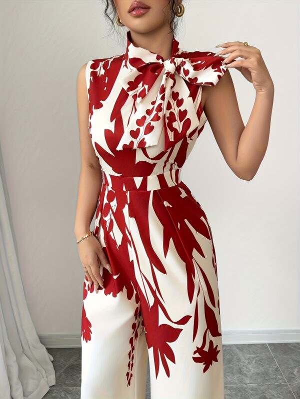 Women'S Elegant Floral Print Jumpsuit - High Neck, Sleeveless, Wide-Leg, Polyester, All-Season, Stylish Red and White Design, Elegant Attire|Floral Print Jumpsuit|Polyester Fabric - Image 4