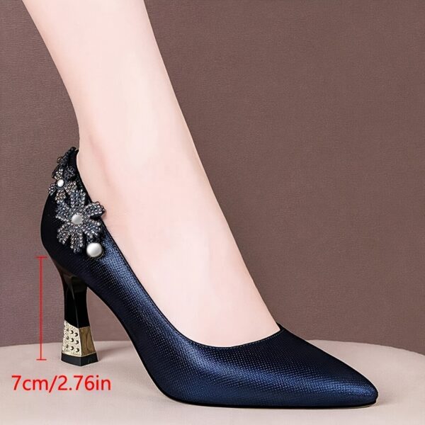 Elegant Navy Blue Pointed-Toe Pumps for Women - Chunky Heel, Fabric Upper with Floral Embellishments, Comfortable Rubber Sole, Perfect for Fall Fashion, Formal Footwear | Floral Embellished Shoes | Durable Footwear - Image 8