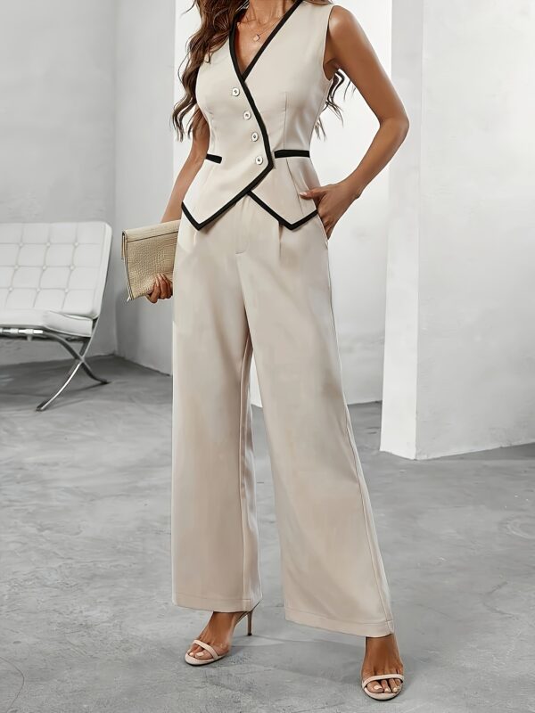 Elegant Women'S Sleeveless Blouse and Pants Set with Contrast Stitching - Beige, Fake Pocket Detail, Spring/Summer Fashion, Stylish High Heel Sandals, Stylish Attire|Minimalist Style|Contrast Stitch Detail - Image 4