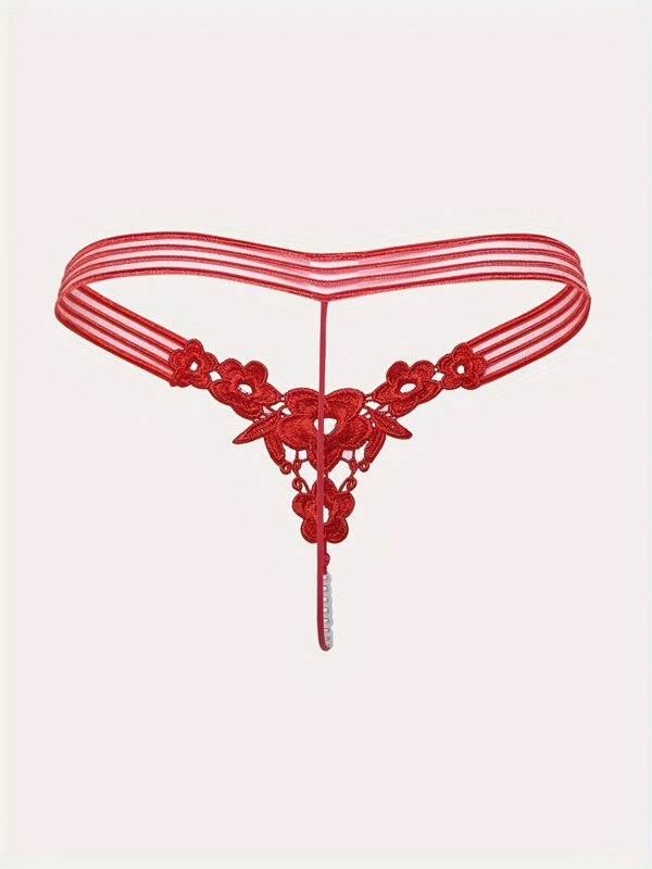 1pc Sexy Beaded Thong Panties for Women, 100% Polyester Knit Fabric, Solid Color, Drop Waist, Mini Embroidered V-String Underwear, Adult Thong Style, 105gsm - Red - Image 2