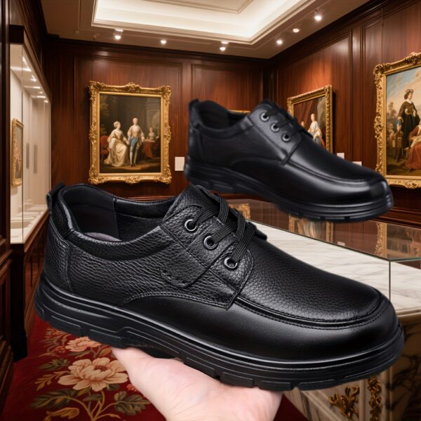 Premium Genuine Leather Classic Men's Business Casual Shoes, Formal Loafers for Driving and Outings, Solid Color Genuine Leather with Lychee Pattern Upper, Lace-Up Design, Wearable in All Seasons, Thick Sole Durable Anti-Slip, 7 Sizes Available, Suitable for Business, Leisure, Weddings, Parties, Work, Travel, and Vacation - Image 3