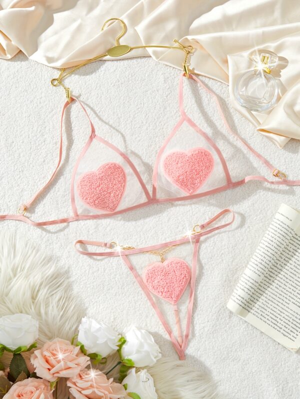 Mesh Heart Pattern Spaghetti Straps Lingerie Set, Intimates Bra & Thong, Women's Sexy Lingerie & Underwear - Image 3