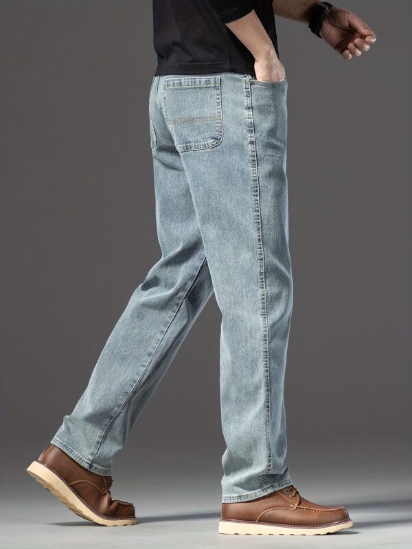 Men's Vintage Blue Loose-Fit Jeans - Classic Straight Denim with Stretch, Non-Transparent Geometric Pattern, All-Season Wear, Cotton/Elastane/Polyester Blend - Image 4