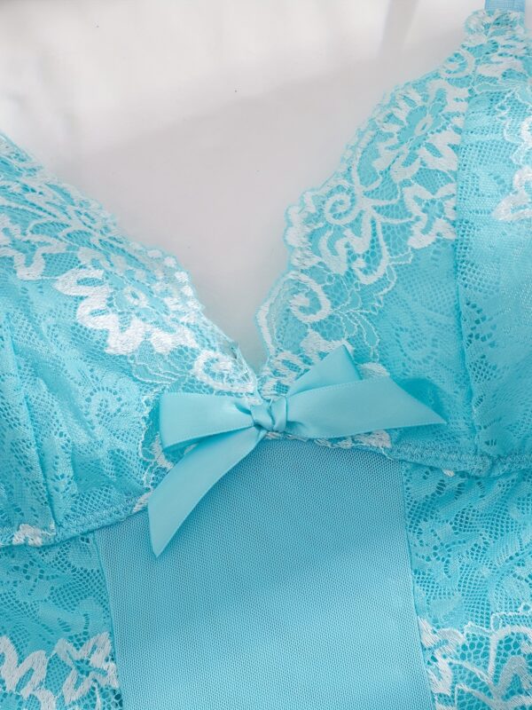 V-neck Two-Tone Lace Sheer Mesh Bow Halter Dress + Thong Set, Sexy Fashion Women's Lingerie Sleepwear - Image 9