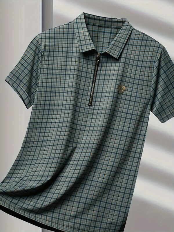 Men's Summer Casual Shirt - Dual-Sided Digital Plaid Print, Stretch Fabric & Golden Zipper Accents, Breathable Short Sleeve H-Fit for Outdoor Activities - Image 10