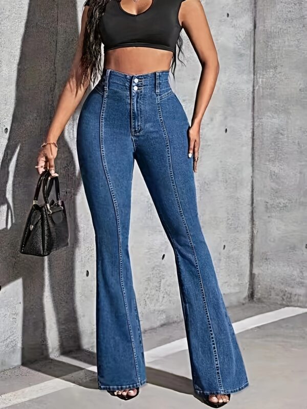 1pc Women'S High Waist Stretchy Solid Color Denim Flare Jeans, Casual Style with Pockets, All-Season Long Length Woven Pants - Image 7
