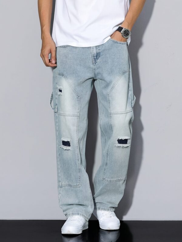 Men's high-end retro ripped patchwork light-colored jeans, perfect for all seasons, worth having.