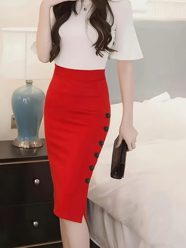 High-Waist Pencil Skirt, Solid Color, Polyester, Woven Fabric, with Decorative Buttons, for Fall/Winter Collection - Image 3