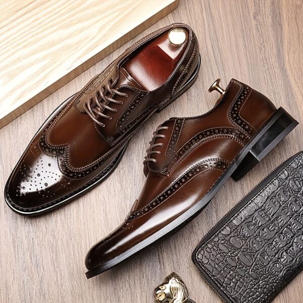 Men's Split Cow Leather Upper Wingtip Brogue Toe Oxford Shoes, Comfy Non Slip Casual Durable Formal Shoes, Men's Footwear - Image 11