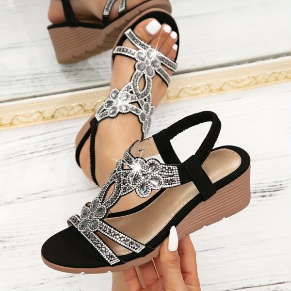 Vibrant Comfort | Bohemian Style Women's Rhinestone Wedge Sandals, Open Toe Platform Heel with Elastic Strap, Summer Beach Music Festival Slip-On Shoes, Man-Made Upper/Inner/Insole, TPR Sole, Beach Sandals | Toe Post Sandals | Decorative Sandals - Image 4