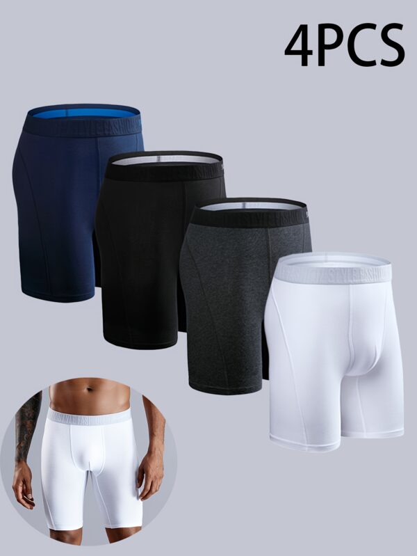 4pcs BONITOS Men's Long Boxer Briefs - Fly Open Underwear, Breathable Cotton Blend, Elastic Waistband, Comfort Fit in Blue, Black, Gray, Navy - Ideal for Daily Wear