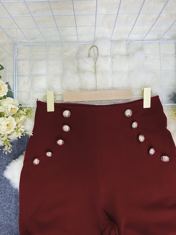 Women's Elegant High-Waisted Wide Leg Pants - Burgundy Trousers with Button Closure, Non-Transparent Fabric for Formal & Everyday Outfits, Machine Washable Year-Round Elegant Legwear, Office Wear, Classic Style, Quality Stitching, Stylish Bottoms, Office Ladies - Image 14