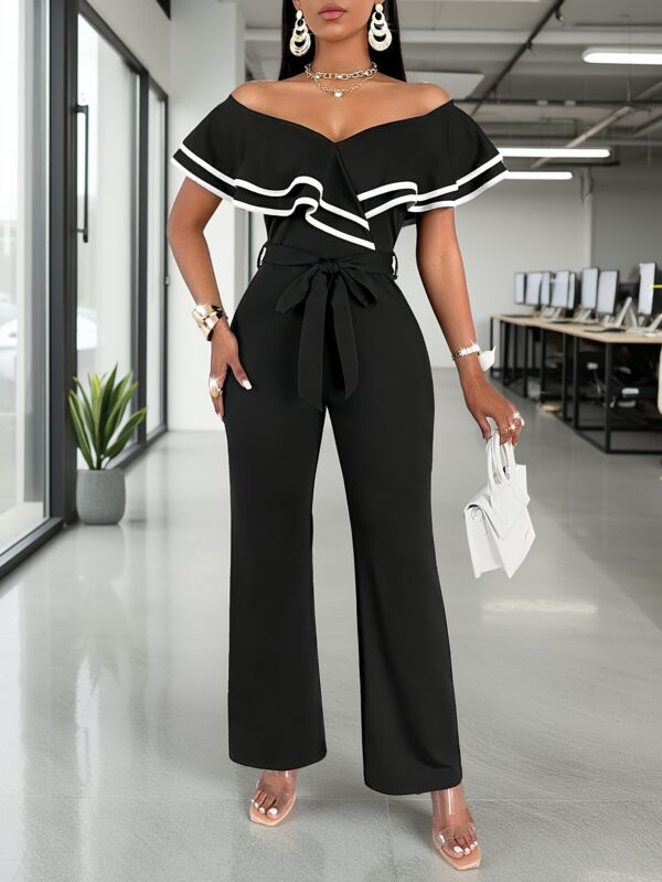 Women'S Elegant Off-Shoulder Black & White Contrast Striped Wide-Leg Jumpsuit with Belt - High-Waisted Culottes, Ruffled Sleeves, Perfect for Spring/Summer Office or Casual Wear, High Waisted Jumpsuit - Image 5