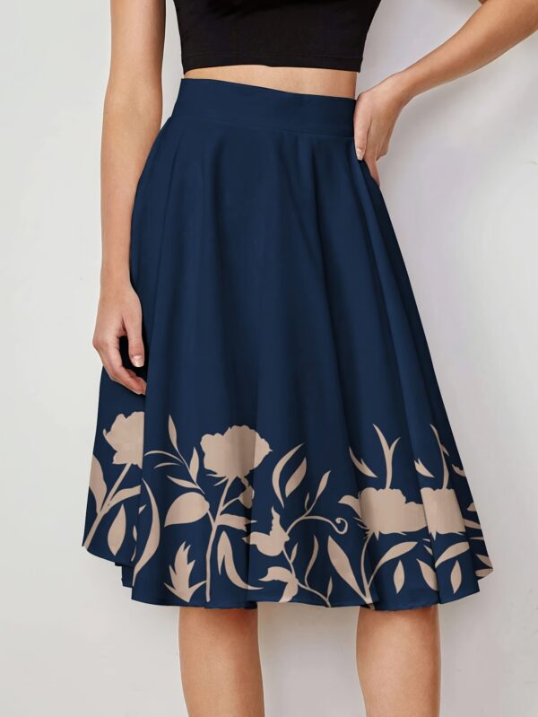 Women's Elegant Floral Print A-Line Skirt - Dark Blue with Beige & White Flowers, High Waist, Machine Washable, Spring/Summer/Fall Fashion, Comfortable Waistband | Flowing Skirt Style | Comfortable Fit Skirt - Image 4