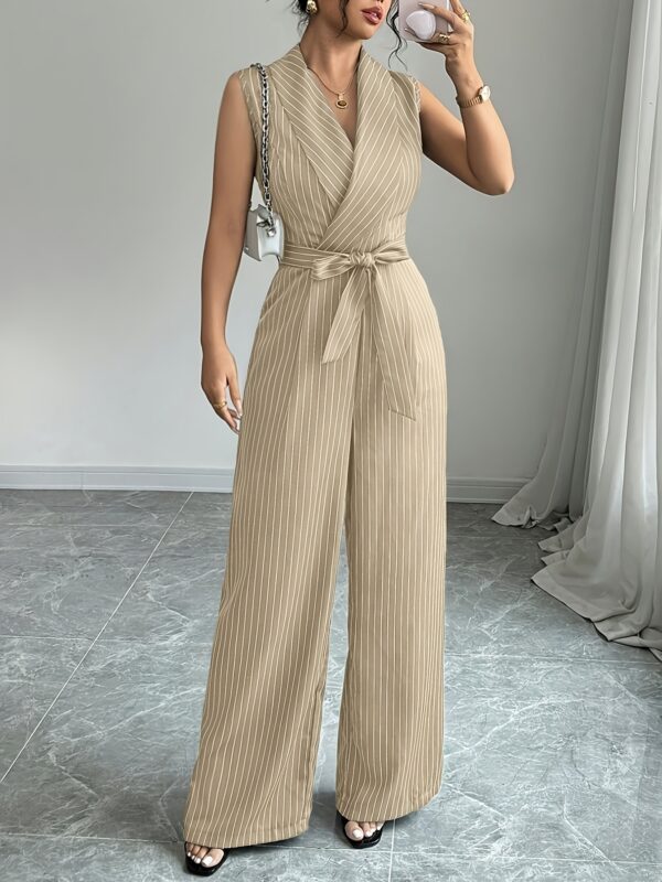 Elegant Striped Sleeveless Jumpsuit for Women - V-Neck, Belted Waist, Wide-Leg Pants, Casual Yet Chic Summer Outfit, White with Black Stripes, Belted Waist Jumpsuit - Image 4