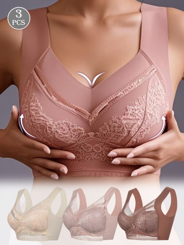 3pcs Women'S V-Neck Lace Bras - Solid Color, Breathable Mesh, Full Coverage, Elegant High Elasticity, Wireless with Floral Lace Detail, Perfect for Yoga & Sports