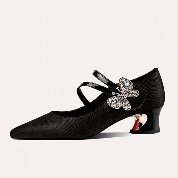 Women's Rhinestone Bow Buckle Strap Pointed-Toe Pumps - Golden-Plated Mid Block Heel, Lightweight Synthetic Cover & PVC Sole, All-Season Elegant Dress Shoes for Casual & Formal Events, Strappy Heels, Formal Footwear, Durable PVC Sole - Image 13