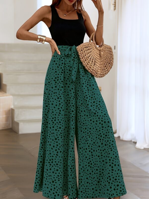 Women'S Sleeveless Wide-Leg Jumpsuit with Tie Waist - Green Polka Dot Print, Square Neck, Flowy Design for All Seasons, Polyester Fabric, Casual Chic Style, Wide Leg Pants for Mature Wome - Image 5