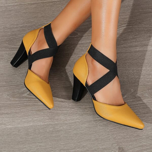 1 Pair Elegant Solid Color D'Orsay High Heels for Women - Pointed Toe, Block Heel, All-Season, Fashionable Hollow Strap, Contrast Color, Non-Slip Rubber Sole, PU Upper/Inner/Insole - Versatile for Evening Dresses and Parties - Image 3