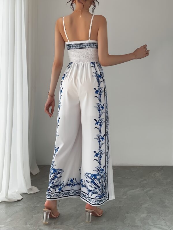 Women'S Elegant Sleeveless Floral Print Jumpsuit - Lightweight Polyester, V-Neck with Spaghetti Straps, Perfect for Spring/Summer Vacation, White with Blue Floral Design, Vacation Wear | Floral Print Jumpsuit | Lightweight Jumpsuit - Image 2