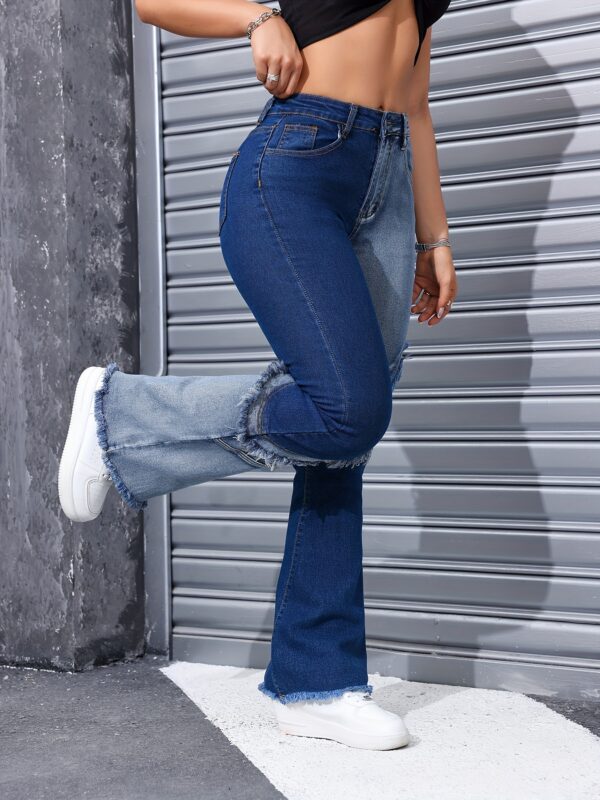 Women's High-Waisted Flare Leg Jeans with Color Block Frayed Stitch Detail - Street Style Denim in Cotton Blend, Medium Stretch, Solid Color for All Seasons - Image 13