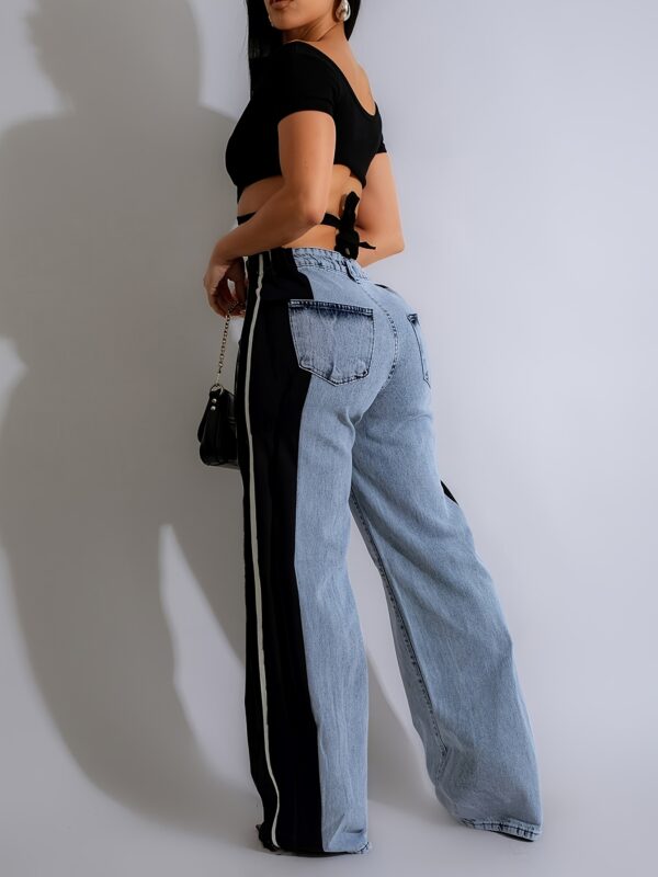 Tall Women's High-Waisted Wide-Leg Jeans - Color Block Striped Stretch Denim Pants with 10% Spandex, Straight-Leg Machine Washable Casual Elegant Trousers for All Seasons - Image 3