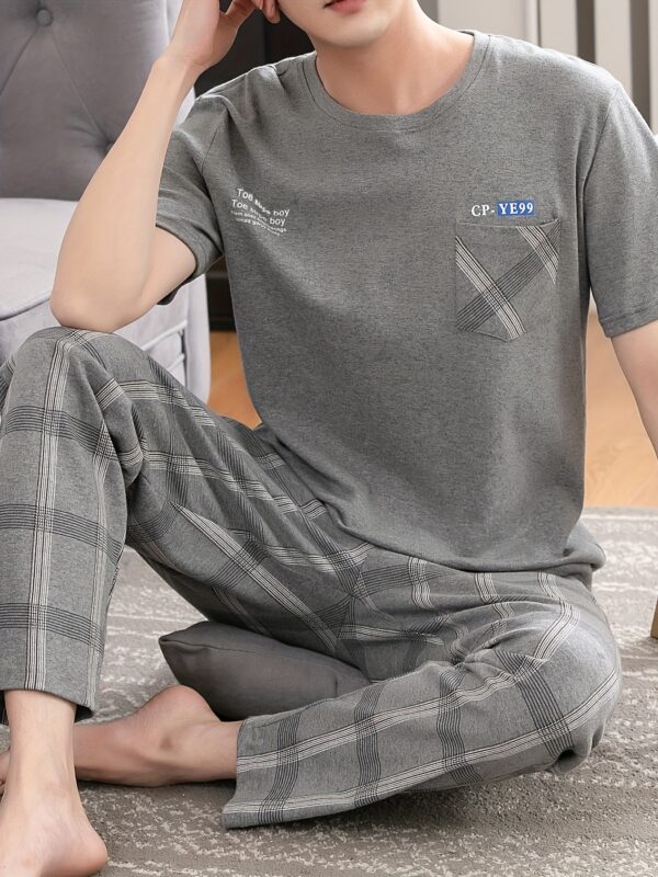 Men'S Summer Pajamas Made of Pure Cotton, Featuring Short Sleeves And Long Pants, Lightweight And Available in Plus Sizes for Young Adults. - Image 4