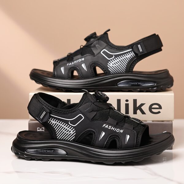 Men'S Summer Sports Sandals - Casual Beach Shoes with Soft Rubber Sole, Breathable Mesh Upper, Adjustable Buckle Strap, Black & Tan Design for Outdoor Activities, Water Sandal - Image 5