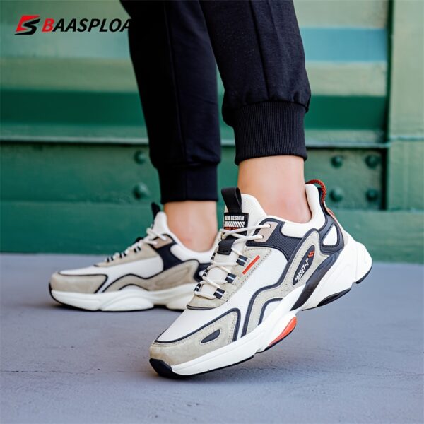BAASPLOA Men's Casual Sneakers Shock-Absorbing MD/TPR Sole, Breathable PU Upper with Striped Design, Low-Top Lace-Up for Gym Training & Daily Wear - Beige/Black/Red, Shockabsorbing Shoes, Laceup Shoes, Shockresistant Shoes - Image 6
