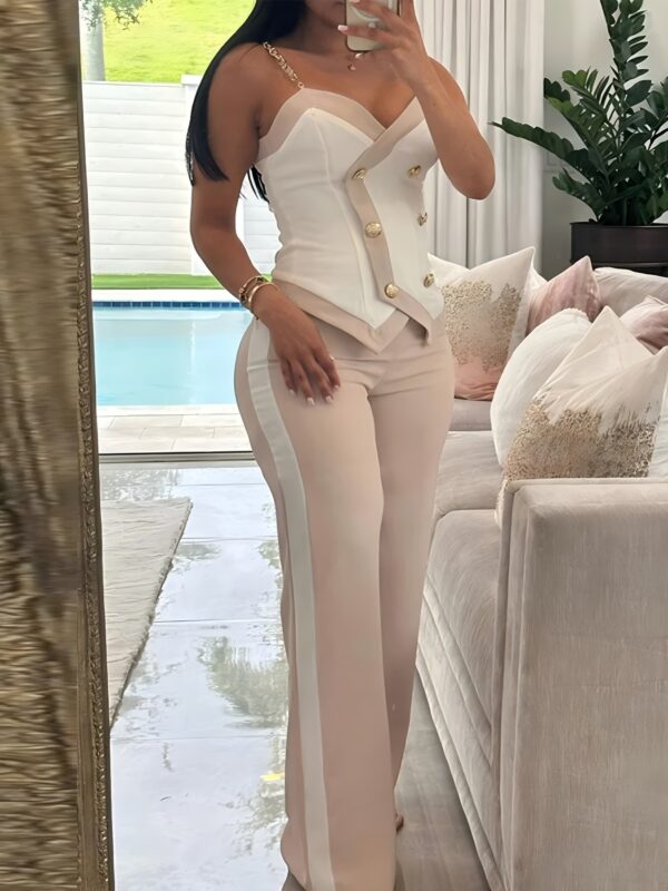 Elegant Two-Piece Color Block Set - Sleeveless, Strapless, Casual Fashion with Fake Buttons, Spring/Summer Style, Casual Attire|Strapless Top|Pleated Detail - Image 6