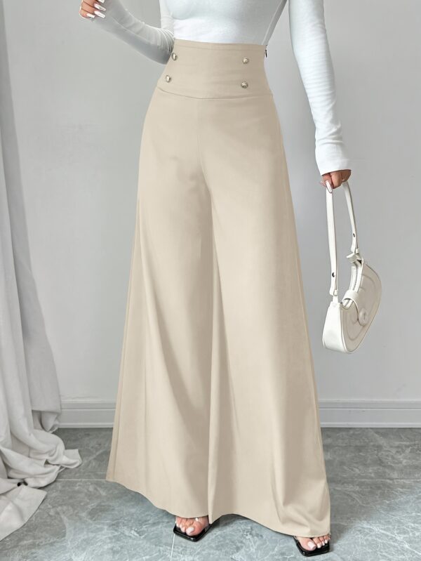 Women'S Elegant High-Waisted Tummy Control Black Wide Leg Pants, 100% Polyester, Solid Color, Woven Fabric, 200gsm, Slim Fit for Work & Office - All Seasons - Image 9