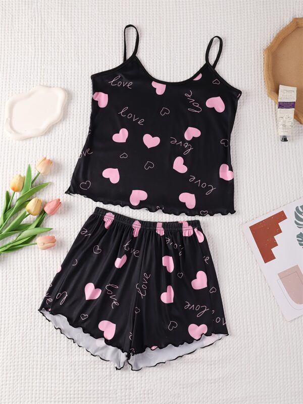 6pcs Women'S Pajama Set, Heart & Love Print, Sexy Spaghetti Strap Top with Shorts, Polyester Knit Fabric, All-Season Sleepwear for Adults - Image 8