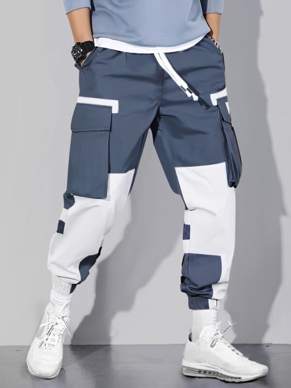 Men's Color Blocking Cargo Pants with Multi Pockets, Casual Drawstring Trousers for Outdoor Activities - Image 4