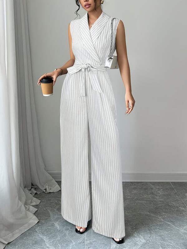 Elegant Striped Sleeveless Jumpsuit for Women - V-Neck, Belted Waist, Wide-Leg Pants, Casual Yet Chic Summer Outfit, White with Black Stripes, Belted Waist Jumpsuit - Image 9