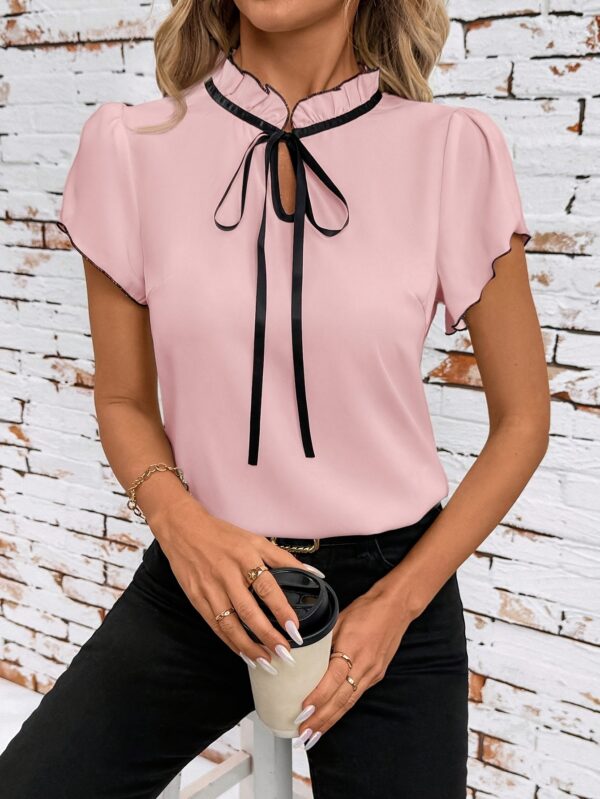 Elegant Women's Contrast Color Block Short Sleeve Shirt - Black & White Contrast Collar & Bow Tie Detail, Regular Fit Machine Washable Spring Summer Casual Office Wear, Spring Fashion, Classic Collared Top, Smooth Fabric, Stylish Blouse, Fashionconscious Women, Spring Fashion Top, Lightweight Fabric, Collared Blouse, Adult Women - Image 21